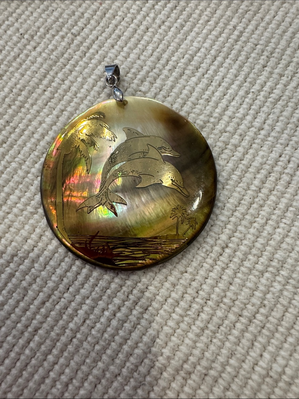 Mother of Pearl Dolphin Pendant Necklace in Iridescent Gold color